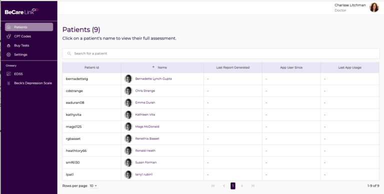 Becare Link app for MS screen shot of how a MS doctor accesses patient data