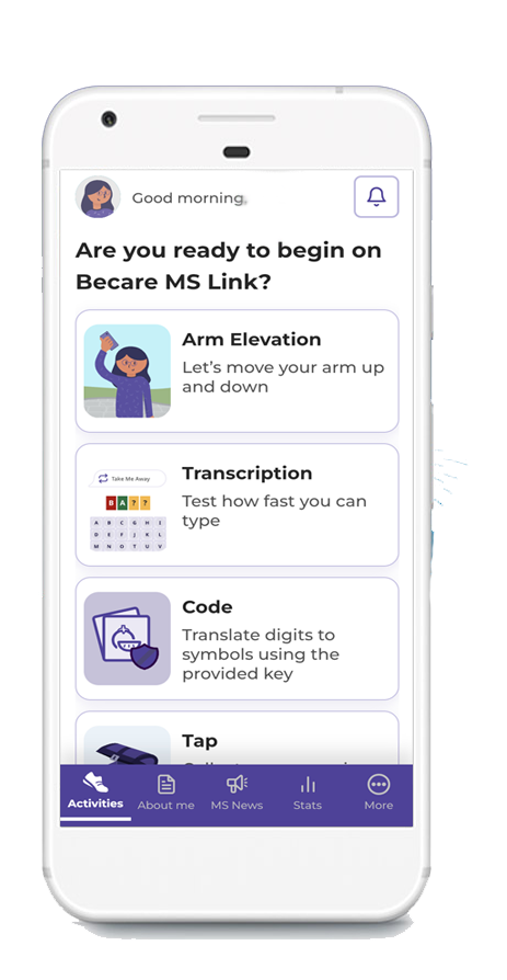 Interface on app for MS showing different activities, including Arm Elevation, Transcription, Code and Tap